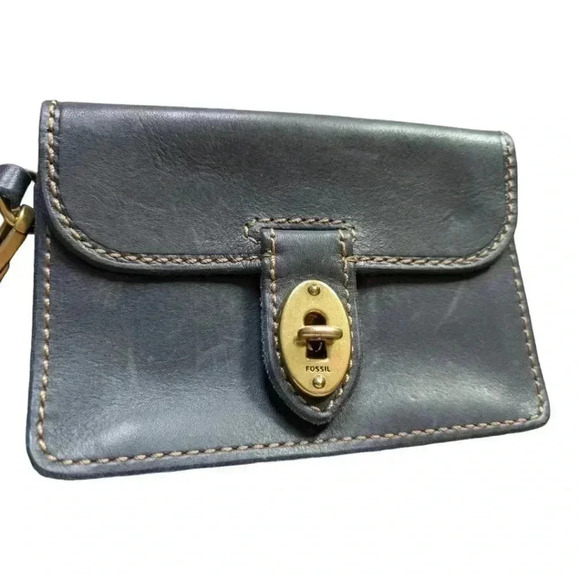 Fossil Austin Wristlet Purse Turn Lock Leather Black Brass Unisex Women One Size - Picture 5 of 15